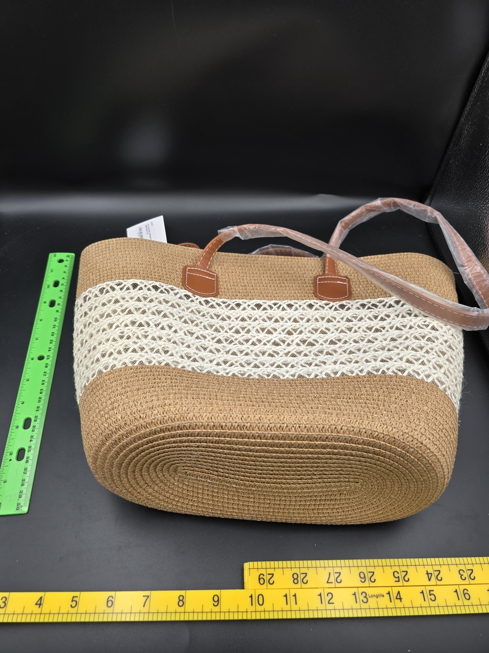 Braided Straw Shoulder Tote Bag in Tan and Cream - Picture 8 of 8